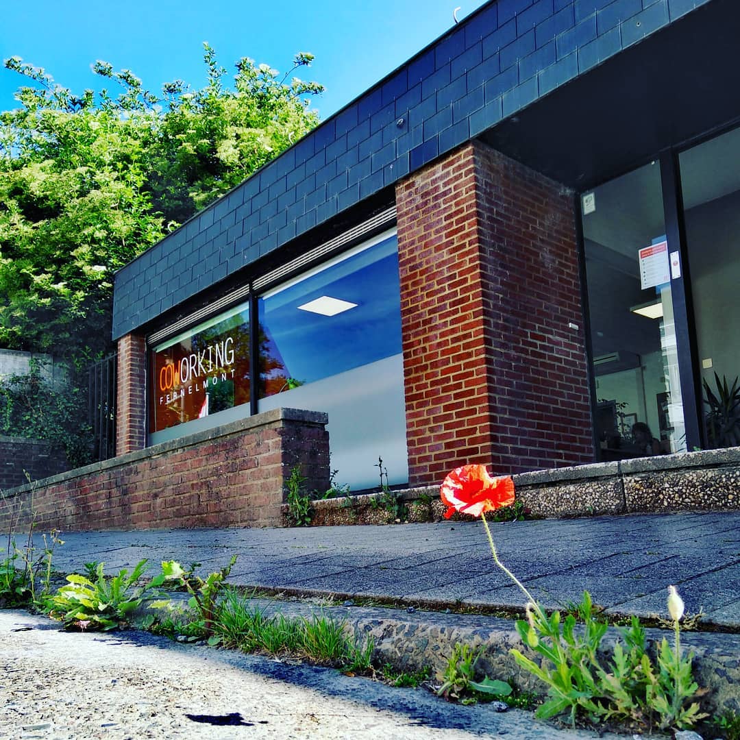 Facade du Coworking Fernelmont par un jour ensoleillé avec un beau coquelicot à l'avant plan